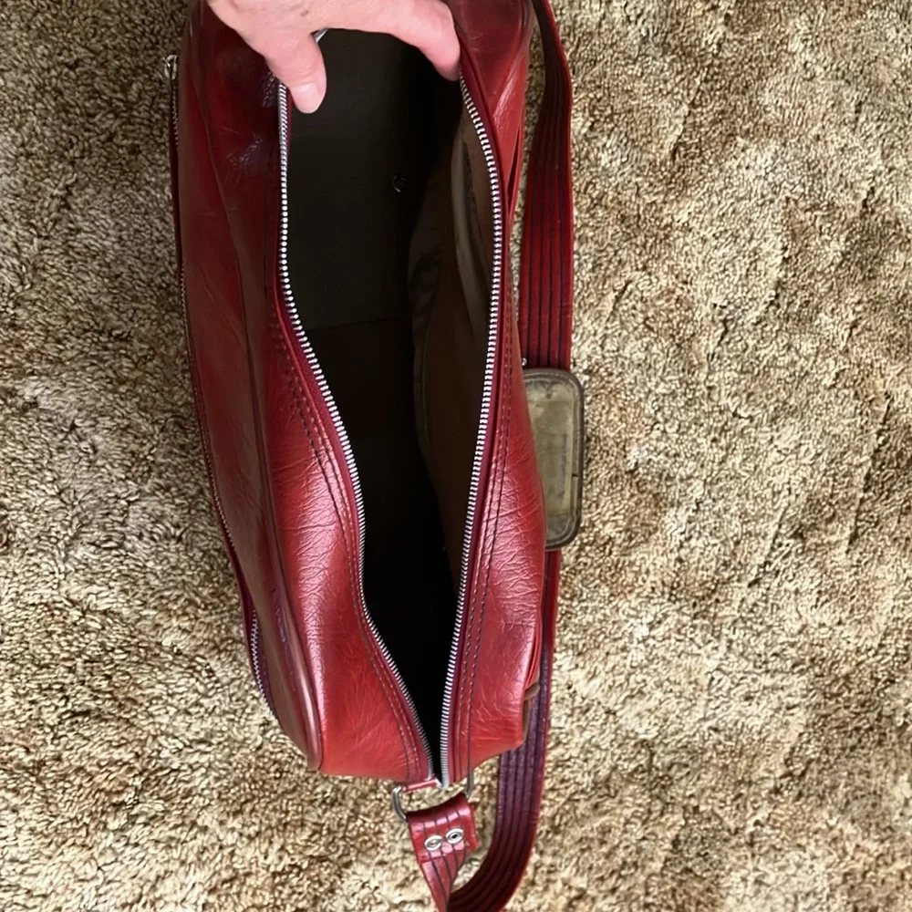 Sears Vintage Travel Bag, Burgundy Leather, YKK Zippers, 44” Adj. Strap